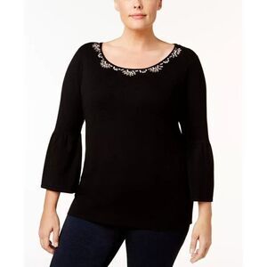 Chater Club Plus Size Embellished Bell-Sleeve Sweater, OX, Black